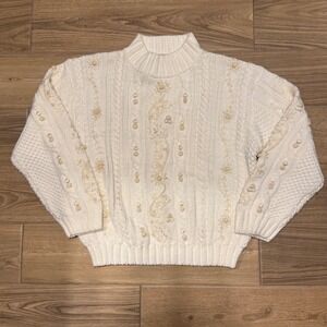 Vintage Cottagecore ivory Mockneck Embroidered Sweater Women's Size L NWT